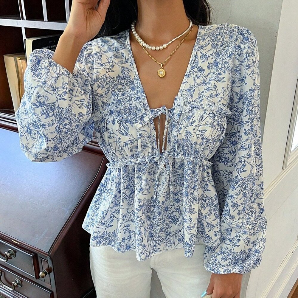 Blue And White Boho Women's Floral Print Tie Front Porcelain Printed Shirt